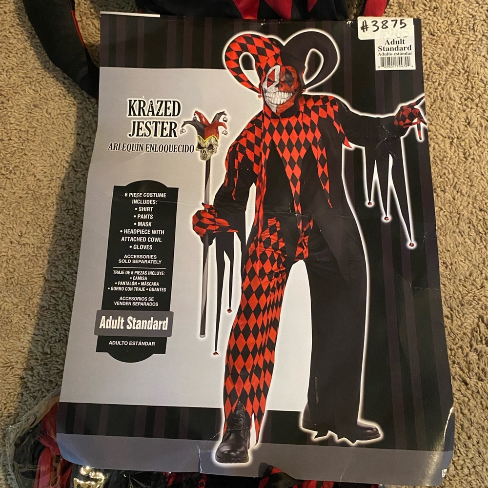 Mens Jester Costume. Size Mens Standard. 6 piece set. Crazed Jester